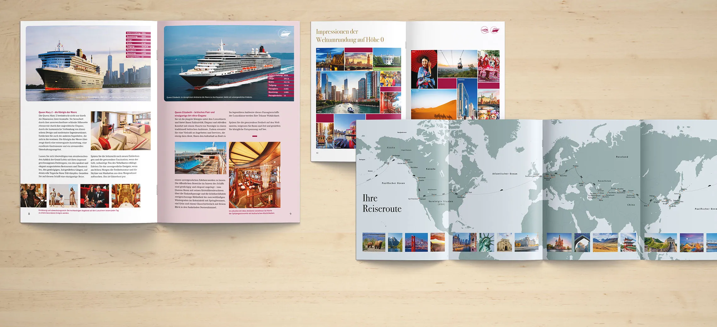 Reisebrochüre ARTE: Innenseiten und Panorama Aufklappseiten Reiseverlauf