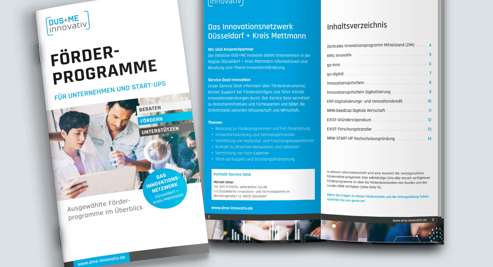 DUS+ME innovativ: Broschüre Förderprogramme Titel und Innenseiten