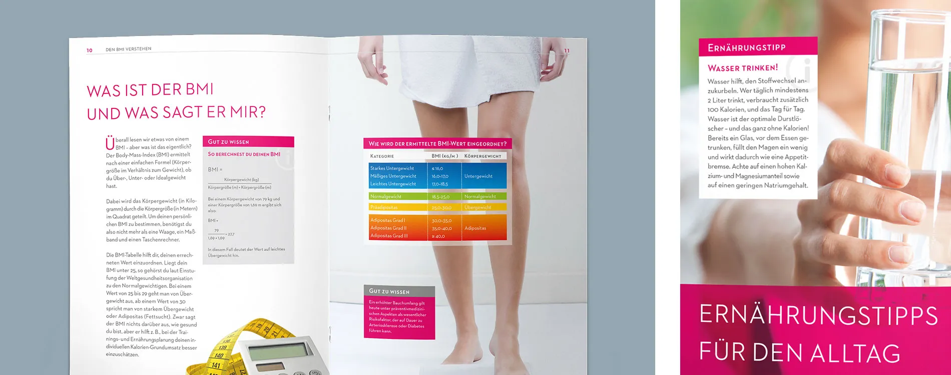 Close-up Broschüre Ernährung von Mrs.Sporty: Seiten 10–11 mit dem Inhalt „Was ist der BMI und was sagt er mir?" und Close-up einer Tippbox „Ernährungstipps"