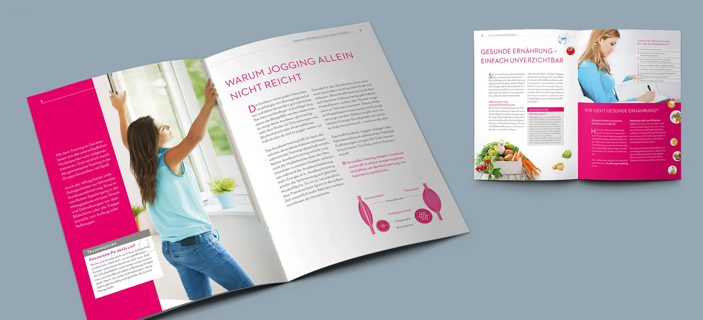 Broschüre Ernährung von Mrs.Sporty: große Abbildung der Seite 8-9 mit einer Frau am offenen Fenster und Titel „Warum Jogging allein nicht reicht" sowie kleine Abbildung der Seiten 14–15 „Gesunde Ernährung – einfach unverzichtbar" mit Tipps"