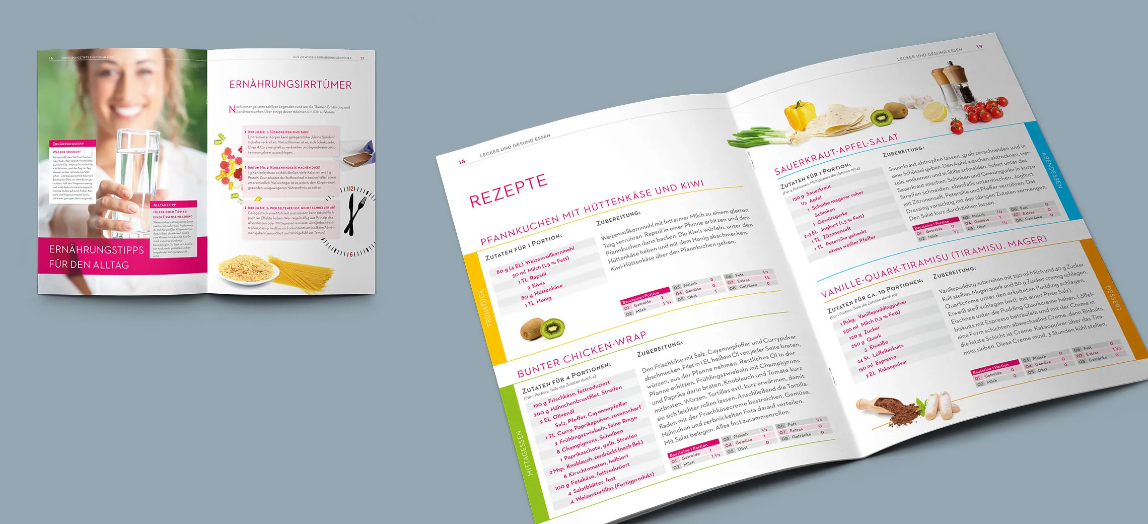 Broschüre Ernährung von Mrs.Sporty: Abbildung der Doppelseite 16–17 mit dem Titel „Ernährungsirrtümer" klein und der Doppelseite 18–19, dem Rezeptteil groß abgebildet